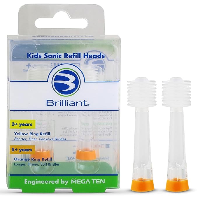 Brilliant Oral Care Kids Sonic Toothbrush Soft Replacement Heads for Children Ages 5+ Orange 2 Pack
