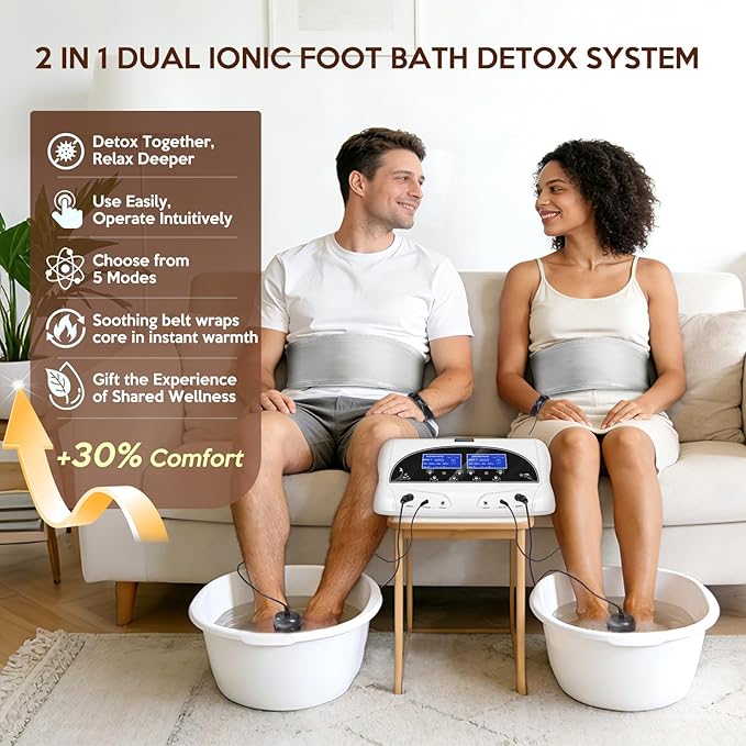 Dual Ionic Foot Bath Detox Machine Professional Ionic Foot Bath Spa Cleanse with 2 Waist Belts 2 Arrays 10 Liners (Black)