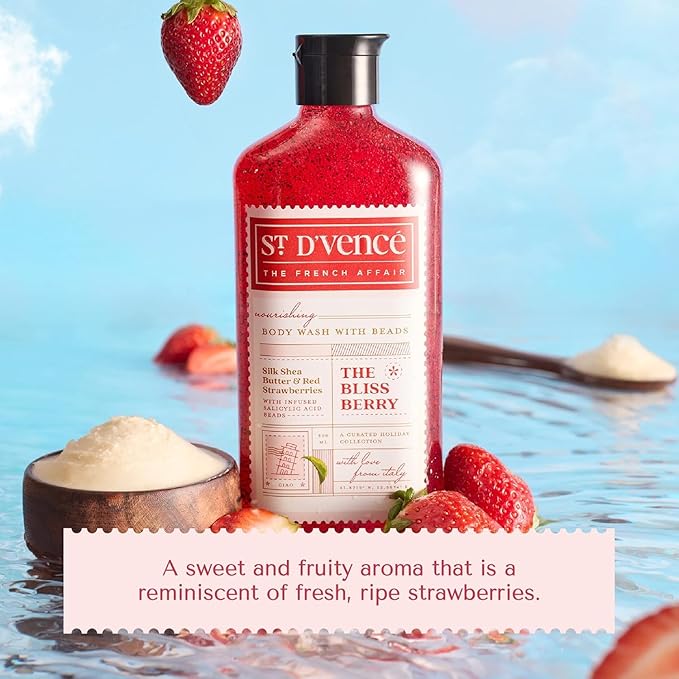 St. D’vence Bliss Berry Salicylic Acid Body Wash Shower Gel for Women &amp Men with Strawberry &amp Raw Shea Butter | Body Wash for Summer | Tan Removal Paraben &amp SLS Free - 300 ml