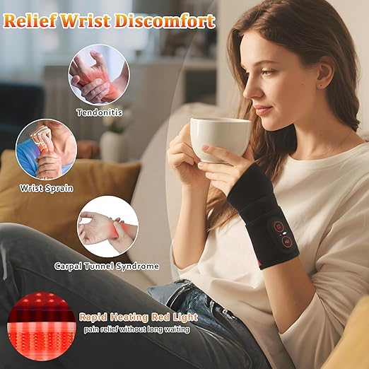 Cordless Wrist Heating Pad Vibration Massage Heated Wrist Brace Rechargeable Hand Heating Pad Wrist Wrap for Carpal Tunnel Relief Left Right Hand Pain Relief for Women Men 3 Heat Vibration Levels