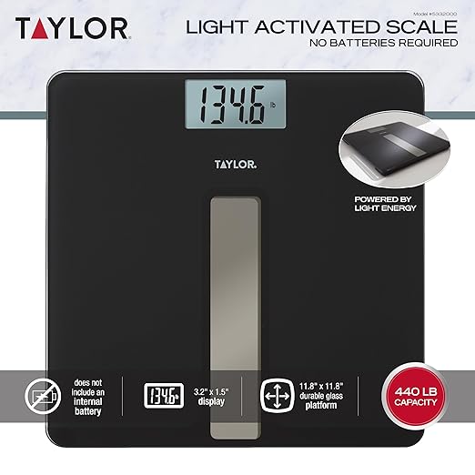 Taylor Light Powered Digital Bath Scale Large and Durable Platform Light Powered Panel with Endless Power No Batteries Needed Energy-Saving Easy to Use High 400 lb Capacity Black