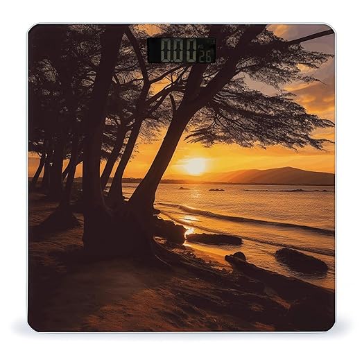 Seashore Trees Sunset Scale for Body Weight Highly Accurate Digital Bathroom Scale Sturdy Tempered Glass Weighing Scales with LCD Display Fashion Body Fat Smart Scales 400lb