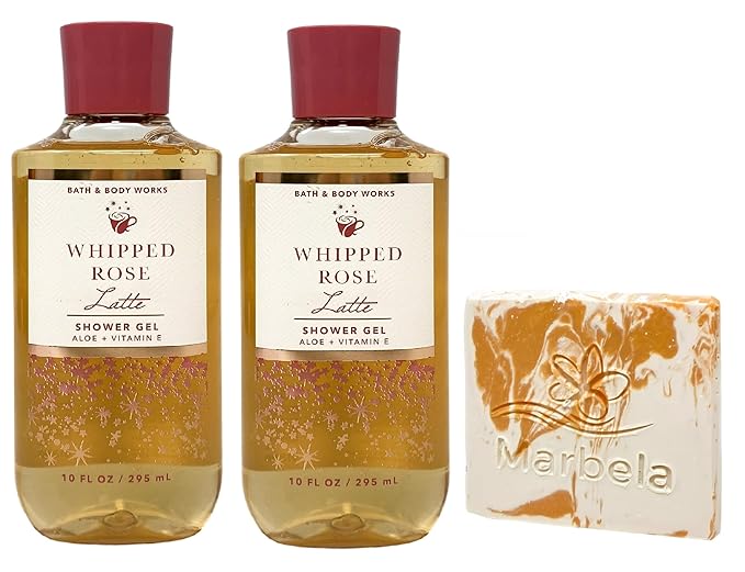 Bath &amp Body Works Whipped Rose Latte 2 Shower Gels with a Peach Gardenia Sample Soap