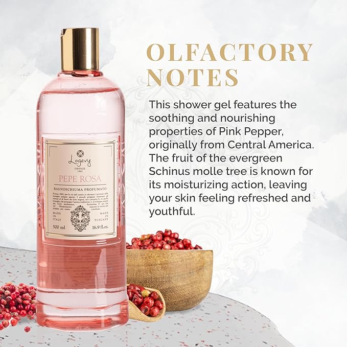 Logevy Pepe Rosa Shower Gel – Indulgent Pink Pepper Aroma Made from the Best Skin-Friendly Ingredients Rich in Nutritional Properties for Rejuvenating Hydrating and Soothing Action – 500ml