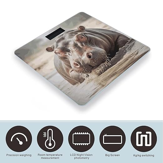 Hippopotamus in Water Scale for Body Weight Precision Bathroom Weighing Scales with Back Lit LCD Display Sturdy Tempered Glass Body Weight Scales Digital Bathroom Scale 400lb