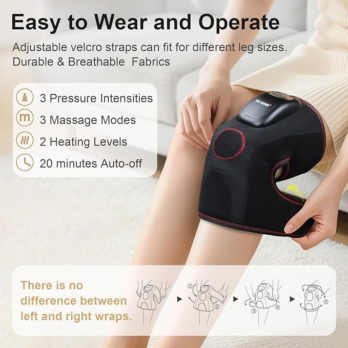FIT KING Air Compression Knee Massager Heated Knee Brace Wrap with 3 Modes and 3 Intensities Shiatsu-Like Massage for Pain Relief Ideal Gifts for Men Women (Pair)