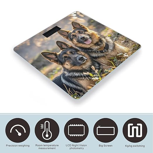 German Shepherd Dog Lovers Bathroom Scale Automatic Power On/Off Body Scales LCD Backlight Display Square Digital Scale Rounded Corners Bathroom Scales for Home Bedrooms