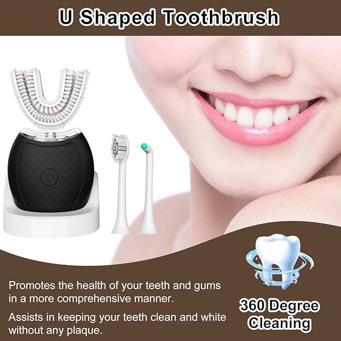 Electric Toothbrush for Adults360 Degree Cleaning Sonic Toothbrush U Shaped Tooth Brush has 23760 Nylon Bristles Sonic Automatic with 3 Modes Standard Fast Ultra Fast(Black)