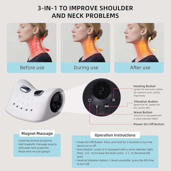 Upgraded New Massager Electric 6 Levels Massage Intensity Heated Stretcher 4D Portable Massager Cervical Stretching Pillow Massage for Neck &amp Shoulder Discomfort Relief (White)