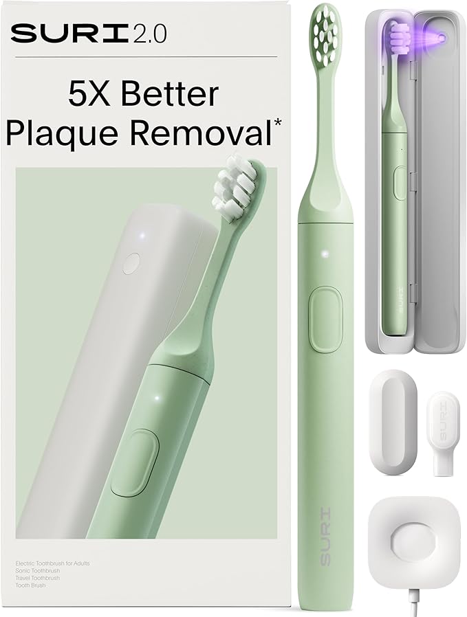SURI 2.0 New Sonic Electric Toothbrush with Pressure Sensor &amp UV-Cleaning Travel Case | 1 Month+ Battery | Electric Toothbrush for Adults | Travel Toothbrushes | Tooth Brush | Green