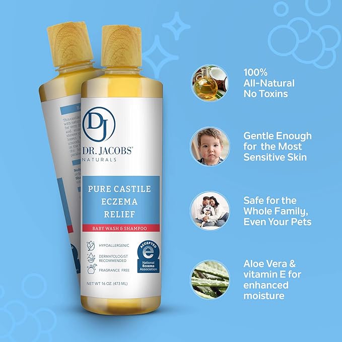 Dr. Jacobs Pure Castile Baby Wash - Effective Body Wash to Relieve Baby Eczema - Gentle Shampoo and Unscented Soap for Sensitive Skin and Hypoallergenic - 16 oz -2PK