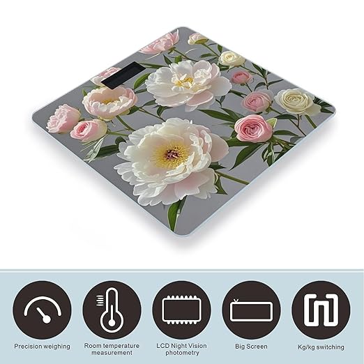 Peony Flowers Rose Bathroom Scale for Body Weight with High Precision Large LCD Backlight Display Digital Weighing Scale with BMI Capacity Up to 180kg