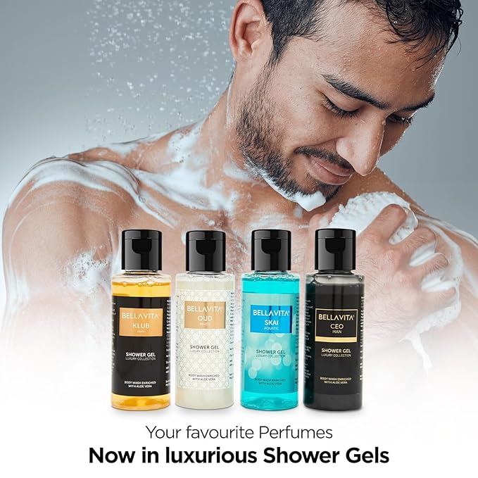 Bell'a Vit'a Luxury Men Trial Mini Kit Skai Aquatic OUD White KLUB &amp CEO Man Body Wash Refreshing Shower Gel for Smoother Skin with Aloe Vera 55ml Each