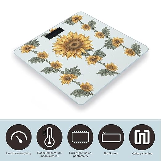 Sunflower Hand Painted Floral Scale for Body Weight Precision Bathroom Weighing Scales with Back Lit LCD Display Sturdy Tempered Glass Body Weight Scales Digital Bathroom Scale 400lb