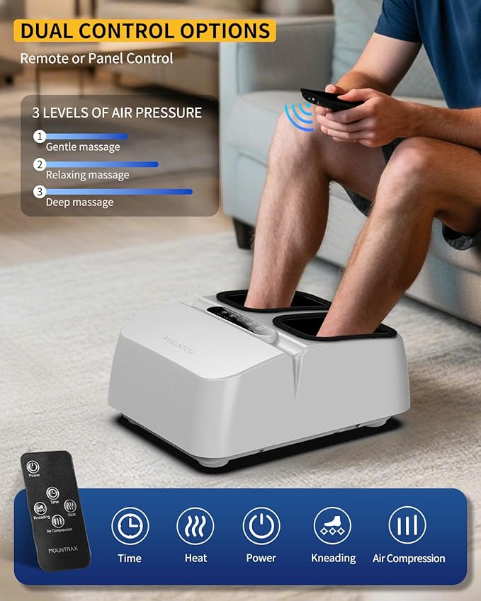 MOUNTRAX Foot Massager Machine with Heat Foot Massager for Plantar Fasciitis Neuropathy Pain Shiatsu Foot Massager with Remote Fits Feet Up to Men Size 13 (White)