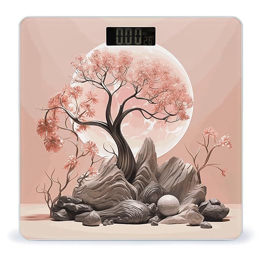 Peach Tree Plant Scale for Body Weight Anti-Slip Digital Bathroom Scale Sturdy Toughened Glass Weighing Scales High Precision Safe Rounded Corners Smart Scales