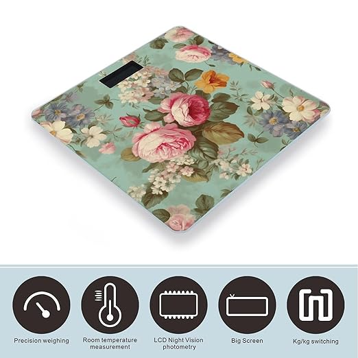 Vintage Floral Flowers Bathroom Scale Large LCD Backlight Display Digital Scale Rounded Corners Body Scales Automatic Power On/Off Bathroom Scales for Home Bedrooms