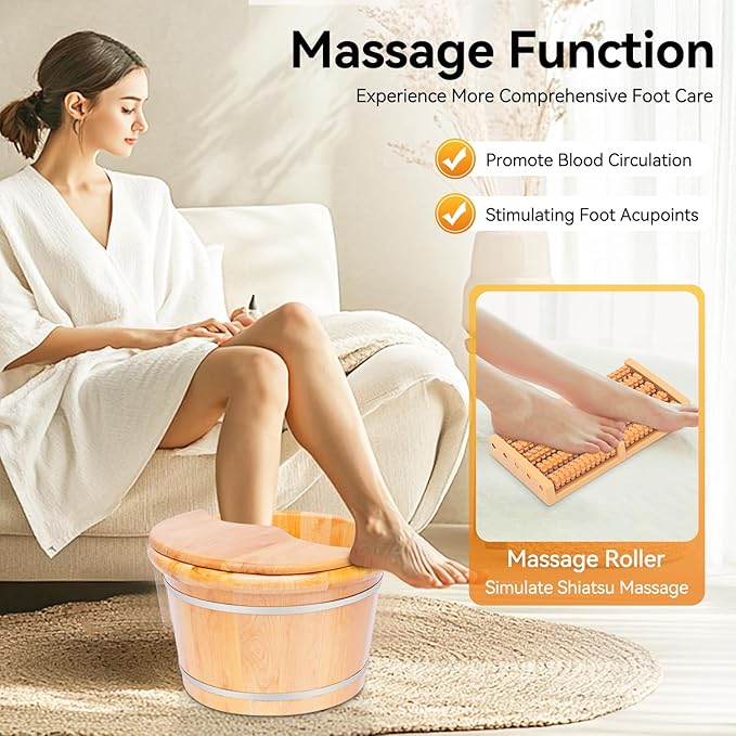 Wooden Bucket Foot Bath MassagerTall Foot Basin Wooden Bucket with Lid and Massage Roller Soaking Bath Basin Feet Relaxing Soak Spa for Home Office Foot Baths