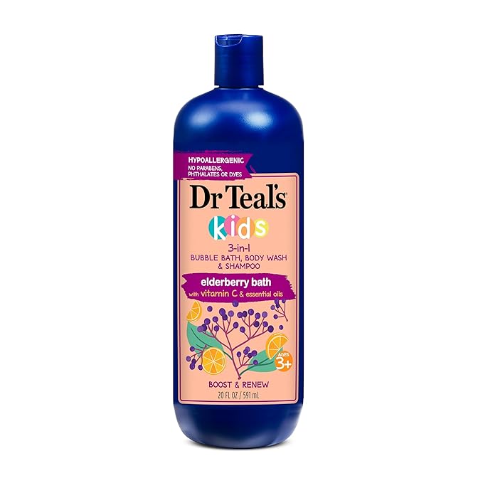 Dr Teal's Kids 3-in-1 Elderberry Bath: Bubble Bath Body Wash &amp Shampoo 20 fl oz. &amp Kids 3-in-1 Sleep Bath: Bubble Bath Body Wash &amp Shampoo with Melatonin &amp Essential Oil 20 fl oz (