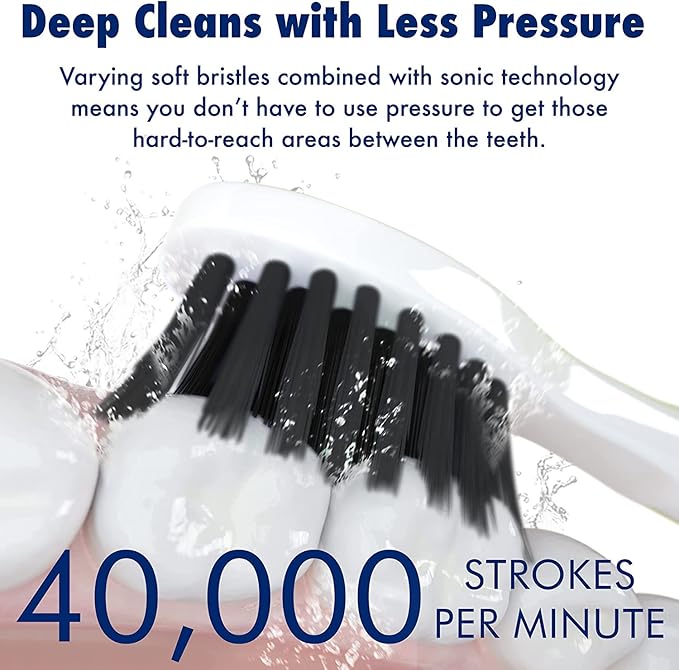Sonic-FX Solo Electric Toothbrush w/ 10 Brush Heads + 1 Interdental Charcoal Bristles Rechargeable Charging/Storage Base 3 Brush Modes Smart Timer 2 Months Use on Full Charge White Color