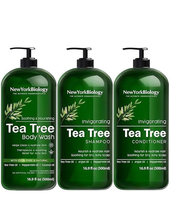 New York Biology Tea Tree Body Wash with Tea Tree Shampoo and Conditioner Set – Helps Itchy Skin Conditions &amp Body Odor - Deep Cleanser – Relief for Dandruff and Itchy Scalp – 16.9 fl. Oz