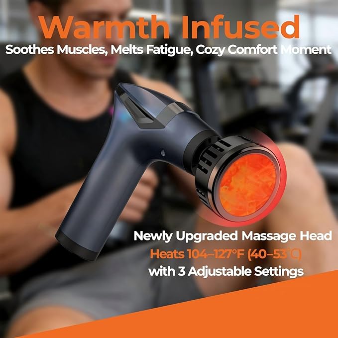 3-in-1 Detachable Deep Tissue Massage Gun with Heat &amp Extension Handle Percussion Muscle Massager for Arms Shoulders BackWaist Portable &amp Quiet for Home Gym &amp Office 12 Adjustable S