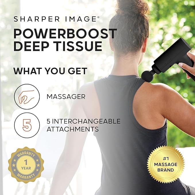 Sharper Image Deep Tissue Percussion Massage Gun Powerboost Rechargeable Handheld Massager 6 Adjustable Speeds 5 Attachment Heads &amp Carrying Case Full Body Muscle Pain Relief Black