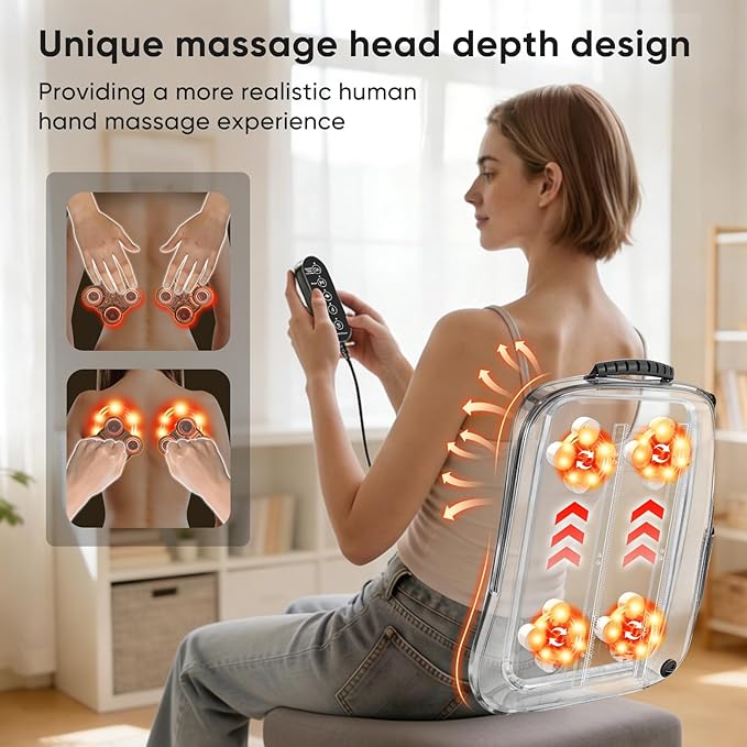 Shiatsu Back Massager with Heat 4D Deep Tissue Massage for Pain Relief Portable Rechargeable Electric Back Massager for Chair Home Office CarGift-Ready for Men Women