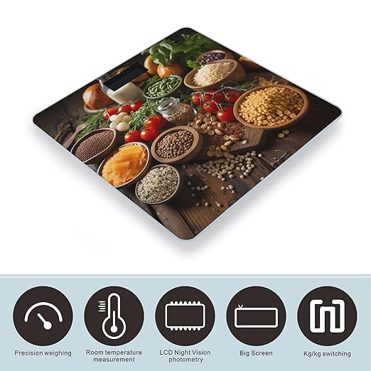 Farmhouse Food Pictures Scale for Body Weight Anti-Slip Tempered Glass Digital Bathroom Scales Clear LCD Display Weighing Scale Safe Rounded Corners Smart Scales