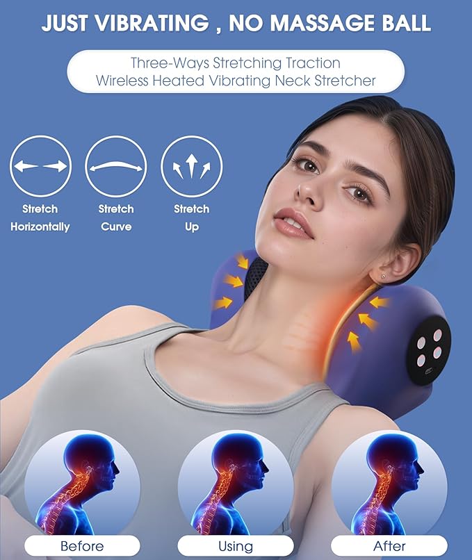 Neck Stretcher Cervical Traction Device3 Adjustable Modes Neck Traction Device Portable Heated Wireless Neck and Shoulder Relaxer Corrector Pillow for TMJ Pain Relief and Cervical Spine Alignment