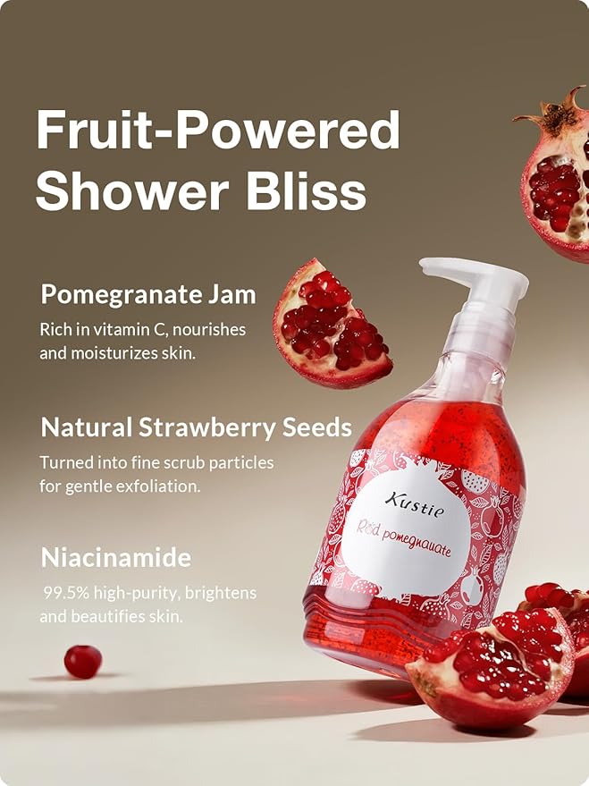 Kustie Pomegranate Body Wash – Jam Texture Exfoliating Shower Gel with Real Strawberry Seeds &amp Niacinamide Moisturizing Cleanser for Dry &amp Sensitive Skin Long-Lasting Fruity-Floral Scent 19