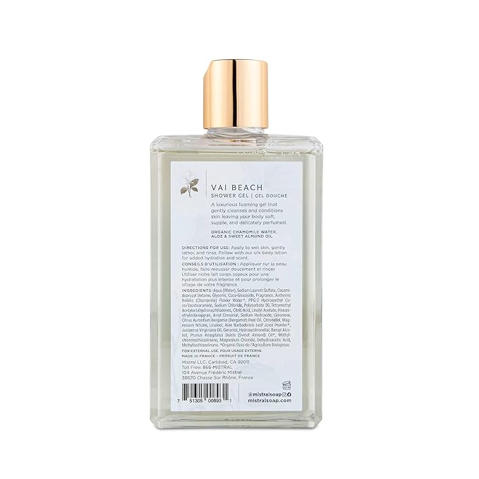 Mistral Vai Beach Luxury Shower Gel - Body Wash for Women – Moisturizing Clean Body Wash with Aloe Vera Chamomile &amp Sweet Almond Oil | Paraben-Free Hydrating | Scented Shower Gel - 8.7 fl oz