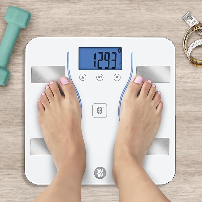 Weight Watchers Scales by Conair Bathroom Scale for Body Weight Glass Digital Scale Body Analysis Measures Body Fat Body Water BMI Bone Mass &amp Muscle Measures Weight up to 400 Lbs White