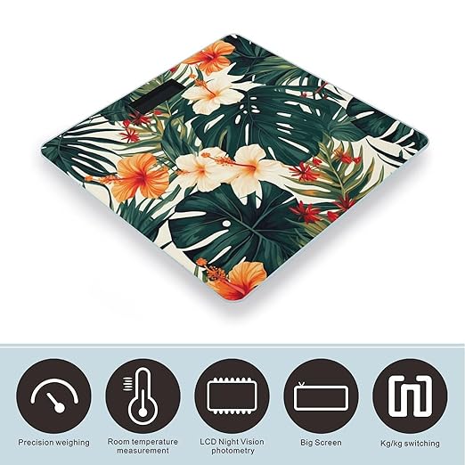Tropical Summer Hawaiian Flower Palm Leaves Weight ScaleClear LED Display Bathroom Digital Weighing ScaleTempered Glass Digital Bathroom Scale for Body Weight Capacity Up to 400 Lbs