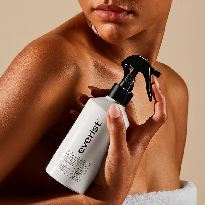Everist Body Oil Spritz – Waterless Vitamin-Infused Dry Body Oil with Vitamin C &amp E Lightweight Fast-Absorbing Spray for Glowing Skin – Shower-Safe Aluminum Bottle 6.1 fl oz