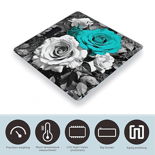 Black White Teal Gray Rose Flowers Scale for Body Weight Sturdy Tempered Glass Weighing Scales with LCD Display Accurate Digital Bathroom Scale Convenient Body Fat Smart Scales Easy Read