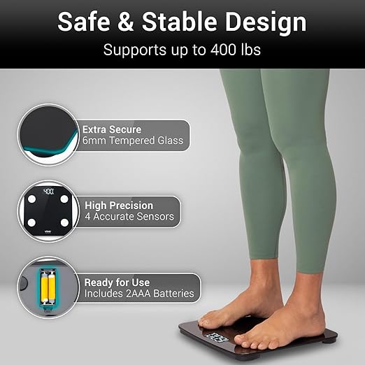 Vive Precision Smart Bathroom Scale for Body Weight (400lbs) - Digital Scale with BMI Body Fat Muscle Mass &amp 10 Extra Measurements - Accurate Home Bath Scale Easy to Read Backlit LCD Display