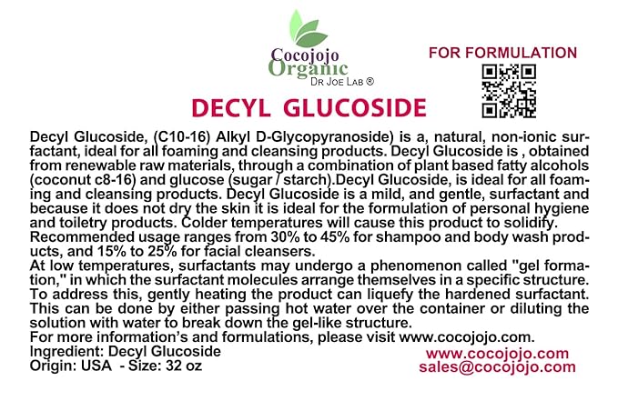 Dr Joe Lab Decyl Glucoside Natural Surfactant - Surfactants for Soap Making Lauryl Glucoside DIY Shower Gel Skin Care Body and Face Wash Plant Derived Natural - 32 Oz