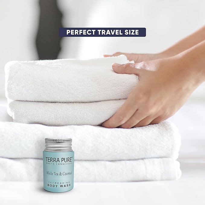 Travel Size Hotel Body Wash 100 Count 1 oz Bottles Guest Amenities for Hotels Vacation Rentals &amp Short Term Rentals Paraben Free White Tea &amp Coconut Scent Infused with Aloe and Olive Oil by Te