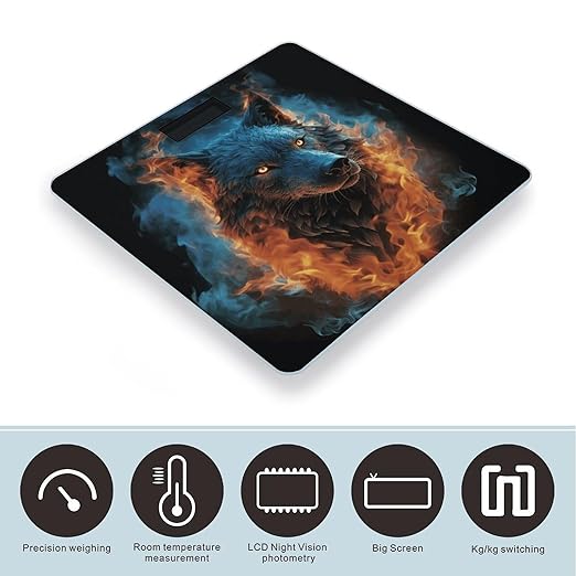 Wolf Head in Blue Flames Digital Bathroom Scale for Body Weight Weighing Scale with Backlit LCD Display High Precision Measurements &amp Measures Weight Up to 180kg