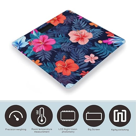 Smart Scale for Body Weight Digital Bathroom Weighing Scale Energy Saving Scale Hawaiian Colorful Hibiscus Flowers Tropical Palm Tree Leaves