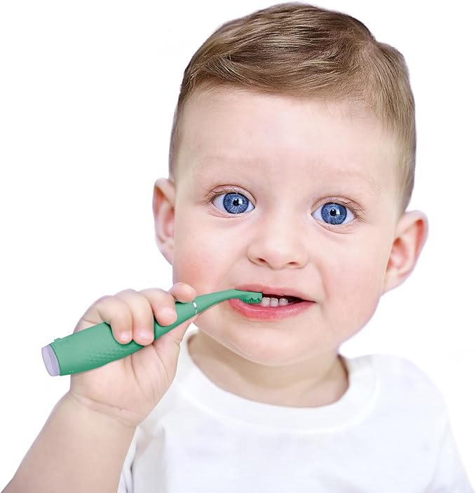 FOREO ISSA 4 Baby – Silicone Sonic Electric Toothbrush Bundle for Babies 2-Sided Bristles Fun Smile Feature Gum Massage 12 Months of Care with Extra Brush Head Travel-Friendly - Kiwi Green