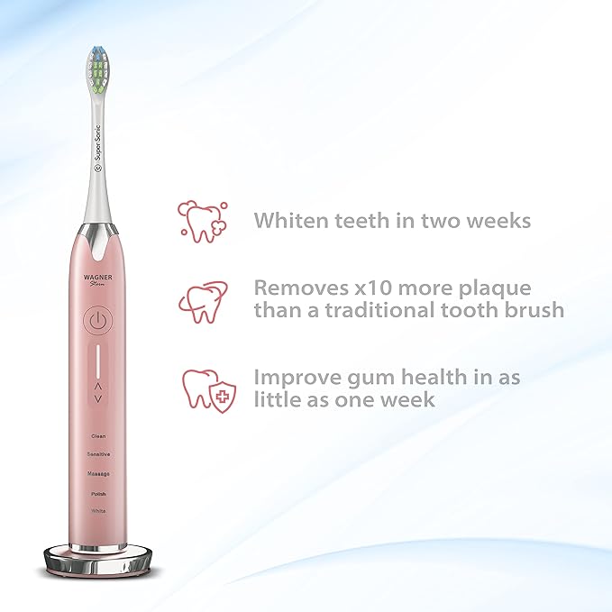 Wagner Stern Ultrasonic whitening Toothbrush with Pressure Sensor. 5 Brushing Modes and 4 Levels of Intensity 8 Soft bristles Travel case.