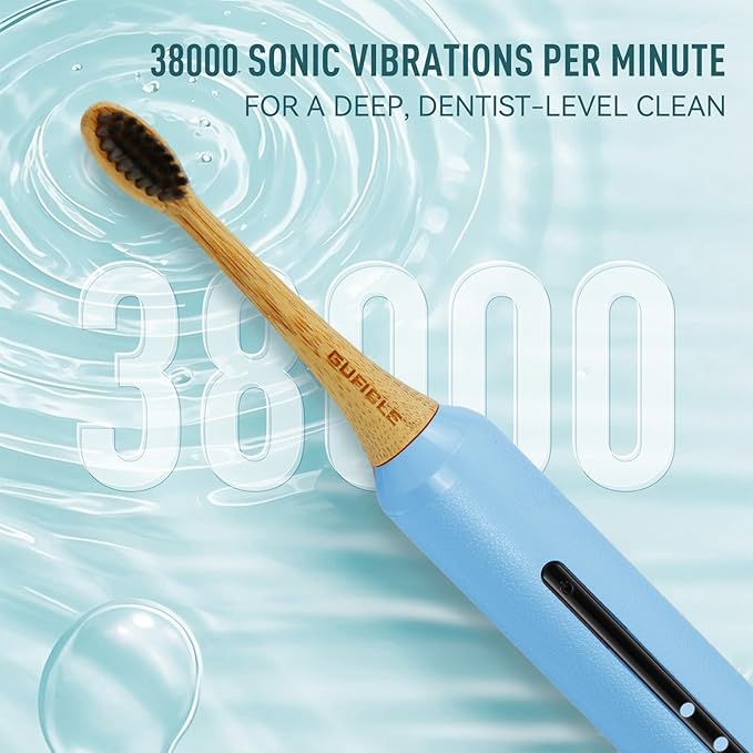Bamboo Electric Toothbrush for Adults丨Rechargeable Electric Toothbrush with 3 Non Toxic Charcoal Infused Bamboo Brush Heads 5 Cleaning Modes 60 Days Battery Life IPX7 Waterproof-Blue