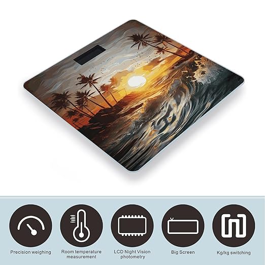 Palm Trees Ocean Waves Sunset Bathroom Scale Automatic Power On/Off Body Scales LCD Backlight Display Square Digital Scale Rounded Corners Bathroom Scales for Home Bedrooms