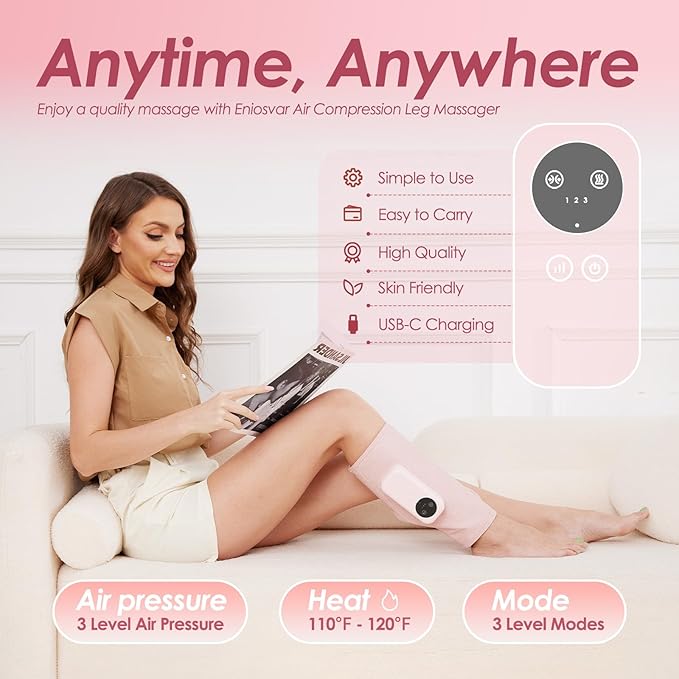 Air Compression Leg Massager Cordless Calf Massager with Heat Air Compression Leg Massage for Circulation and Pain Relief Gifts for Dad Mom Men Women Pink (Single)