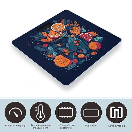 Hand Drawn Fruit Pattern Scale for Body Weight Precision Bathroom Weighing Scales with Back Lit LCD Display Sturdy Tempered Glass Body Weight Scales Digital Bathroom Scale 400lb