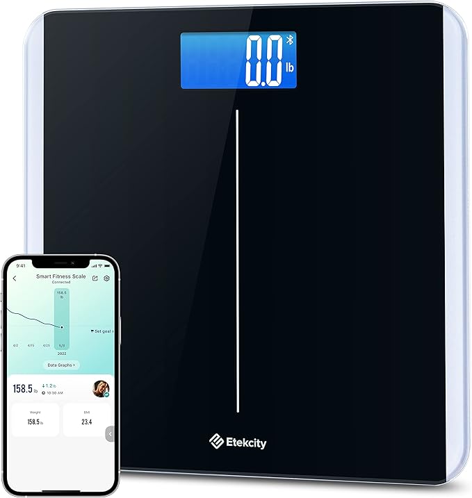 Etekcity Smart Scale for Body Weight and BMI Bathroom Digital Electronic Weighing Scale for People Bluetooth Free VeSync APP Connection Rounded Corner Accurate to 0.1lb/0.05kg 400 lbs Black