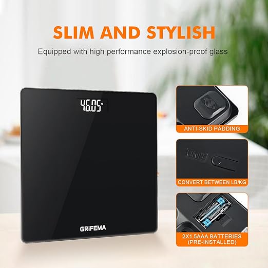 GRIFEMA GA2001-1 Digital Scales for Body Weight Weighing Bathroom Scales LCD Display and Step-On Technology 150kg/330lb 26x26cm Batteries Included Black