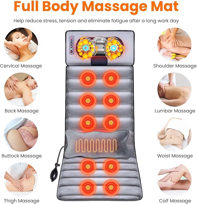 KOCASO Full Body Electric Massage Mat with Heat Vibration Massage Pad Cushion Back Massage Mattress Chair Pad with Neck Massage Pillow with 10 Vibration Motors Timer for Home Office/53.14*19.68 inch